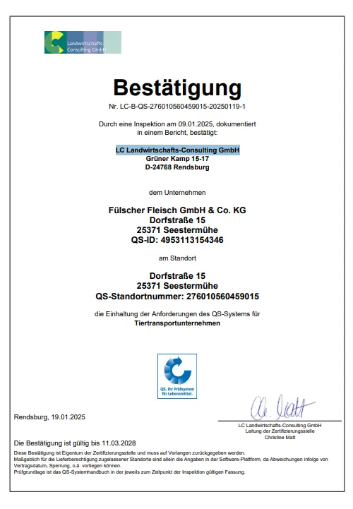 QS Tiertransport Fülscher bis 11.03.2028